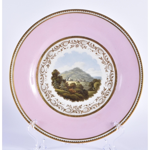 165 - Flight Barr and Barr pair of pink bordered plates painted with titled scenes, Plymouth and Montgomer... 