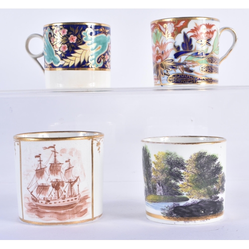 167 - Coalport coffee can painted with an imari pattern, another with a rare shipping scene, a third with ... 