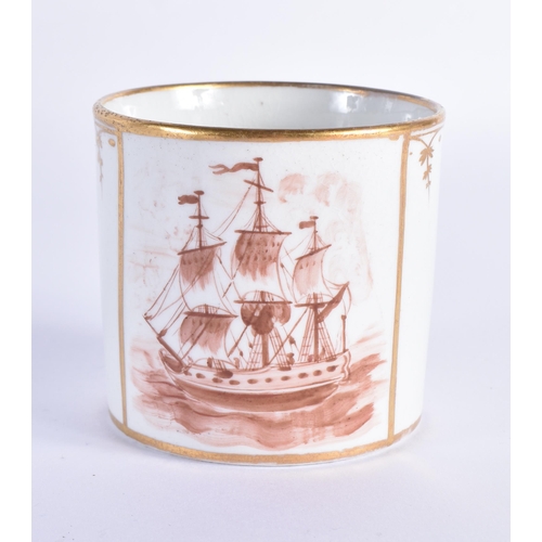 167 - Coalport coffee can painted with an imari pattern, another with a rare shipping scene, a third with ... 