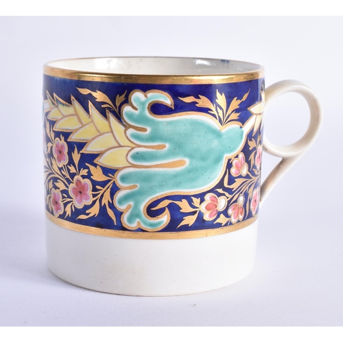 167 - Coalport coffee can painted with an imari pattern, another with a rare shipping scene, a third with ... 