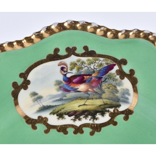 169 - Flight Barr and Barr fine plate with green ground painted fancy birds in mirror shaped panels by Dr... 