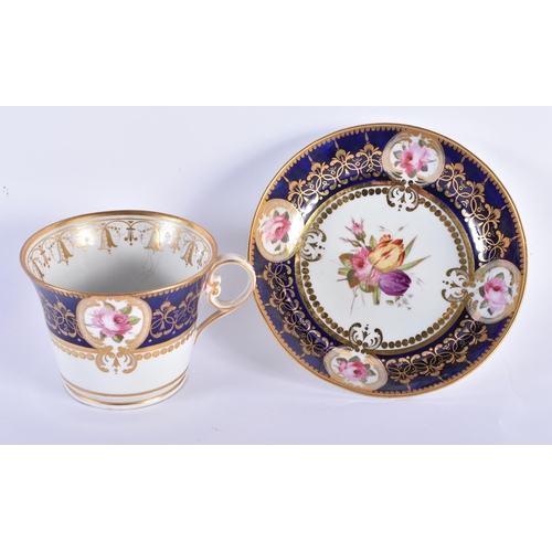 174 - Chamberlains Worcester fine breakfast cup and saucer painted with four gilt floral panels on a blue ... 