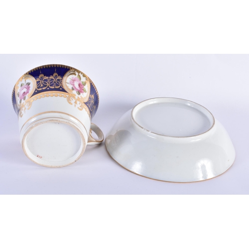 174 - Chamberlains Worcester fine breakfast cup and saucer painted with four gilt floral panels on a blue ... 