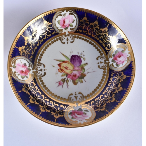 174 - Chamberlains Worcester fine breakfast cup and saucer painted with four gilt floral panels on a blue ... 