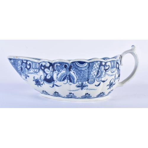 177 - Worcester 'Doughnut Tree' sauce boat, of fluted form, the interior painted in blue with huts upon is... 