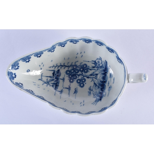 177 - Worcester 'Doughnut Tree' sauce boat, of fluted form, the interior painted in blue with huts upon is... 