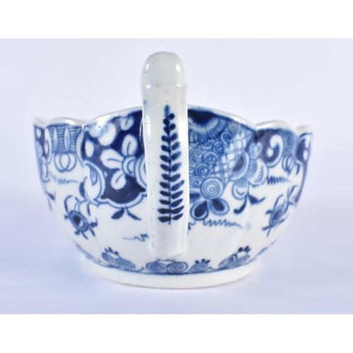 177 - Worcester 'Doughnut Tree' sauce boat, of fluted form, the interior painted in blue with huts upon is... 