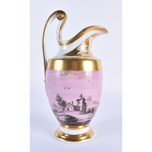 198 - 19th century Paris porcelain ewer, painted en grisaille on a pink ground with a continuous landscape... 