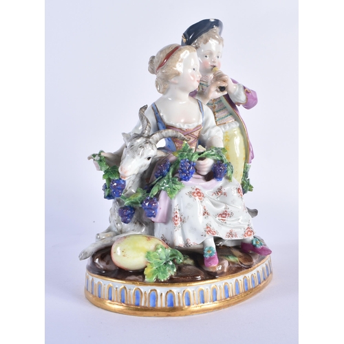 201 - Late 19th century Meissen figural group of two children and a goat, he playing a flute and she holdi... 