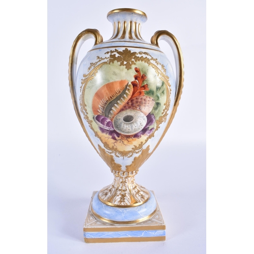 210 - Minton pair of vases painted with sea shells in elaborate gilt panels on a marble ground.  20 cm hig... 