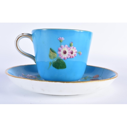 213 - Minton coffee cup, teacup and saucer with turquoise ground painted in raised enamels with flowers (s... 