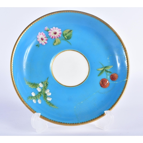 213 - Minton coffee cup, teacup and saucer with turquoise ground painted in raised enamels with flowers (s... 