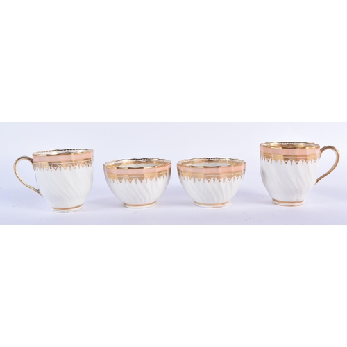 233 - Derby pair of acanthus moulded teabowls, coffee cups and saucers with teardrop gilding under a salmo... 