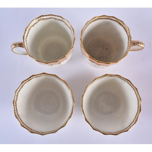 233 - Derby pair of acanthus moulded teabowls, coffee cups and saucers with teardrop gilding under a salmo... 