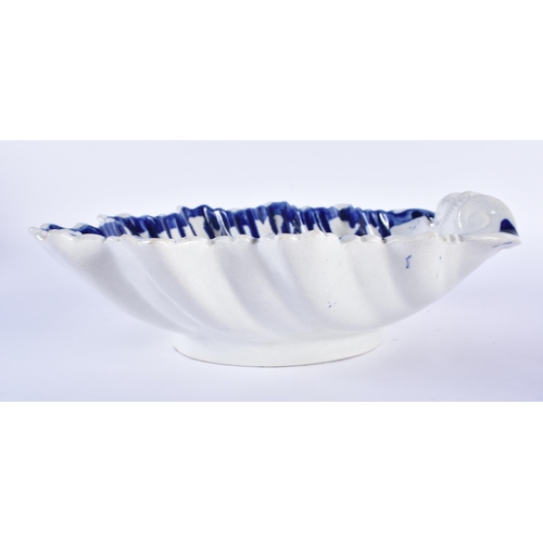 235 - 18th century large pearlware shell shaped dish with dripped blue border, two tea canisters, one with... 