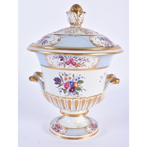 238 - Chamberlains Worcester tureen and cover painted with flowers in panels on a light blue ground.  21cm... 