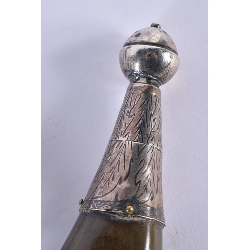 249 - AN ANTIQUE SCOTTISH GEM INSET POWDER FLASK with probably silver mounts. Horn 28 cm x 14 cm.