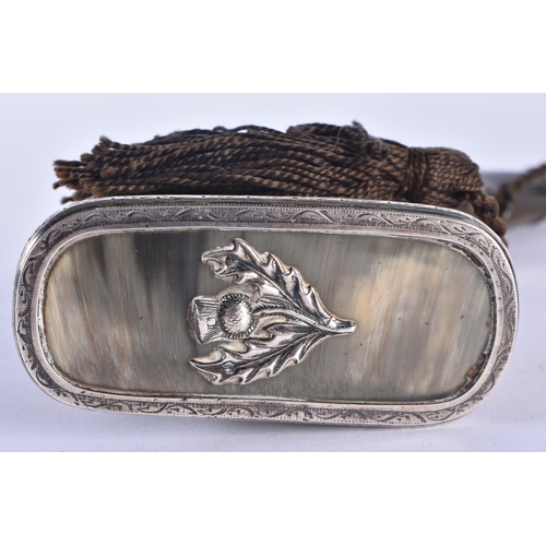 249 - AN ANTIQUE SCOTTISH GEM INSET POWDER FLASK with probably silver mounts. Horn 28 cm x 14 cm.