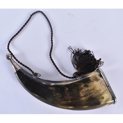 249 - AN ANTIQUE SCOTTISH GEM INSET POWDER FLASK with probably silver mounts. Horn 28 cm x 14 cm.