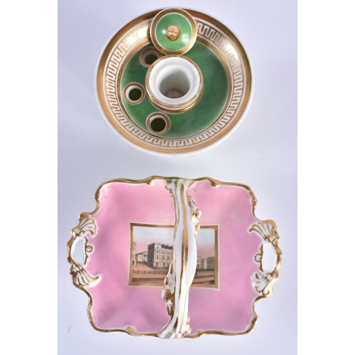 25 - TWO EARLY 19TH CENTURY DOE & ROGERS WORCESTER PORCELAIN WARES formed as an inkwell and pink basket. ... 