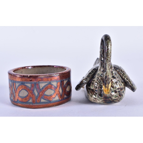 251 - AN ANTIQUE CONTINENTAL MAJOLICA SWAN together with a small Hispano moresque type lustre salt. Larges... 