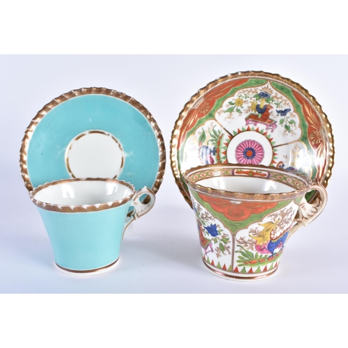 28 - TWO EARLY 19TH CENTURY CHAMBERLAINS WORCESTER CUPS AND SAUCERS one painted with turquoise, the other... 