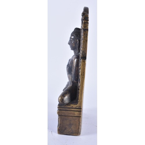 301 - A 19TH CENTURY INDIAN BRONZE BUDDHA SHRINE FIGURE modelled seated with hands raised, upon a base dec... 