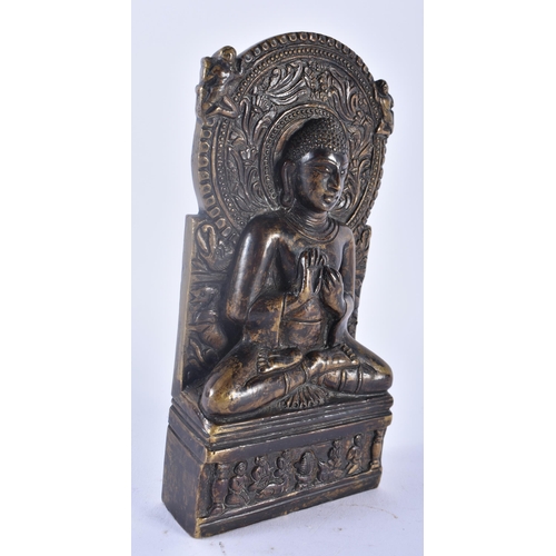 301 - A 19TH CENTURY INDIAN BRONZE BUDDHA SHRINE FIGURE modelled seated with hands raised, upon a base dec... 