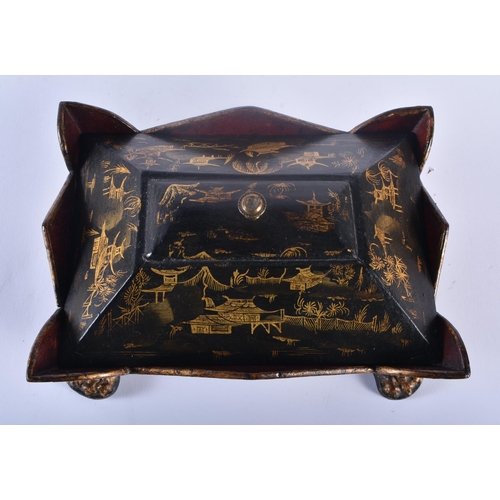 303 - AN EARLY 19TH CENTURY ENGLISH REGENCY COUNTRY HOUSE LACQUERED DESK STAND painted with chinoiserie sc... 