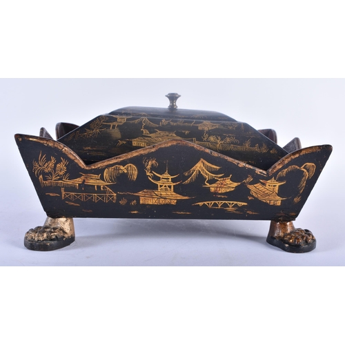 303 - AN EARLY 19TH CENTURY ENGLISH REGENCY COUNTRY HOUSE LACQUERED DESK STAND painted with chinoiserie sc... 