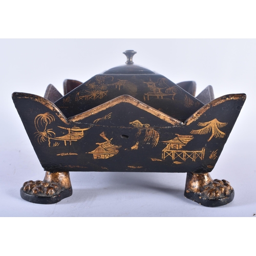 303 - AN EARLY 19TH CENTURY ENGLISH REGENCY COUNTRY HOUSE LACQUERED DESK STAND painted with chinoiserie sc... 