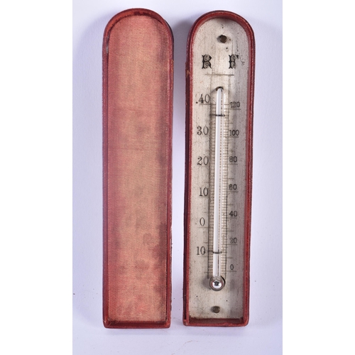 318 - AN ANTIQUE POCKET THERMOMETER together with a brass RMS Queen Elizabeth ashtray & a vintage bakelite... 