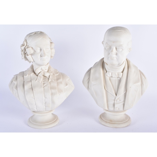 32 - A PAIR OF 19TH CENTURY KERR & BINNS WORCESTER PARIAN WARE BUSTS modelled as a male and female. 25cm ... 