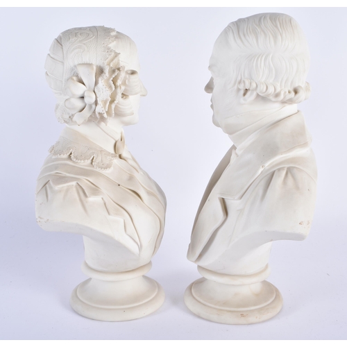 32 - A PAIR OF 19TH CENTURY KERR & BINNS WORCESTER PARIAN WARE BUSTS modelled as a male and female. 25cm ... 