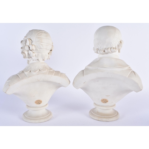 32 - A PAIR OF 19TH CENTURY KERR & BINNS WORCESTER PARIAN WARE BUSTS modelled as a male and female. 25cm ... 