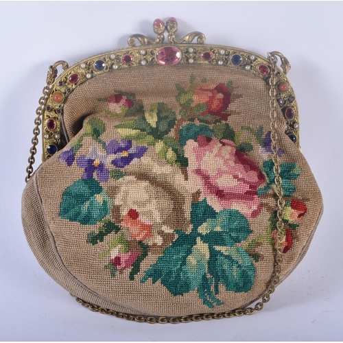 322 - AN EDWARDIAN NEEDLEPOINT EMBROIDERED GEM SET LADIES EVENING PURSE together with a rare 1940s childs ... 