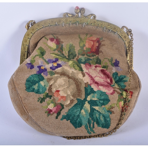 322 - AN EDWARDIAN NEEDLEPOINT EMBROIDERED GEM SET LADIES EVENING PURSE together with a rare 1940s childs ... 