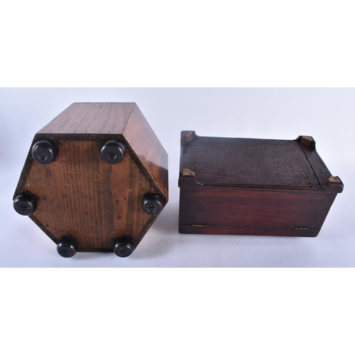 337 - A GEORGE III MAHOGANY TEA CADDY together with a large satinwood biscuit barrel and cover. Largest 20... 