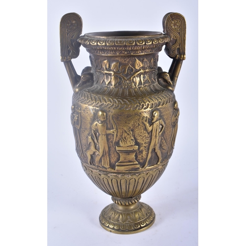 343 - A 19TH CENTURY EUROPEAN GRAND TOUR TWIN HANDLED BRONZE VASE together with a smaller similar pottery ... 