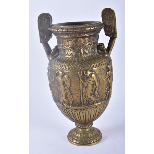 343 - A 19TH CENTURY EUROPEAN GRAND TOUR TWIN HANDLED BRONZE VASE together with a smaller similar pottery ... 