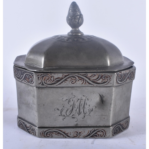 349 - AN UNUSUAL ANTIQUE PEWTER TOBACCO BOX AND COVER engraved with a scene of a tribal male smoking a pip... 