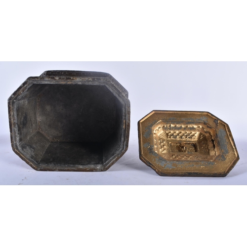 350 - A RARE ANTIQUE PAINTED AND LACQUERED PEWTER TOBACCO BOX AND COVER of Masonic interest. 15 cm x 13 cm... 