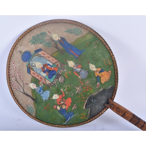 356 - A 19TH CENTURY FRENCH CHAMPLEVE ENAMEL BRONZE DESK BLOTTER together with a Persian painted fan. Larg... 