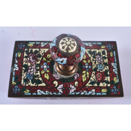 356 - A 19TH CENTURY FRENCH CHAMPLEVE ENAMEL BRONZE DESK BLOTTER together with a Persian painted fan. Larg... 