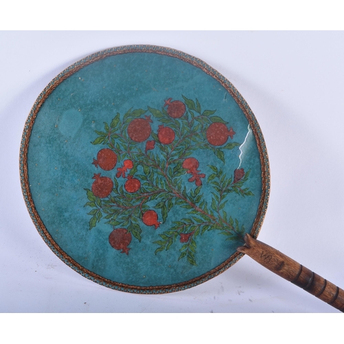 356 - A 19TH CENTURY FRENCH CHAMPLEVE ENAMEL BRONZE DESK BLOTTER together with a Persian painted fan. Larg... 