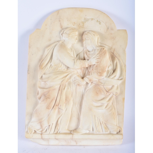 361 - A LARGE 19TH CENTURY CONTINENTAL CARVED MARBLE RELIEF PANEL depicting two figures holding each other... 