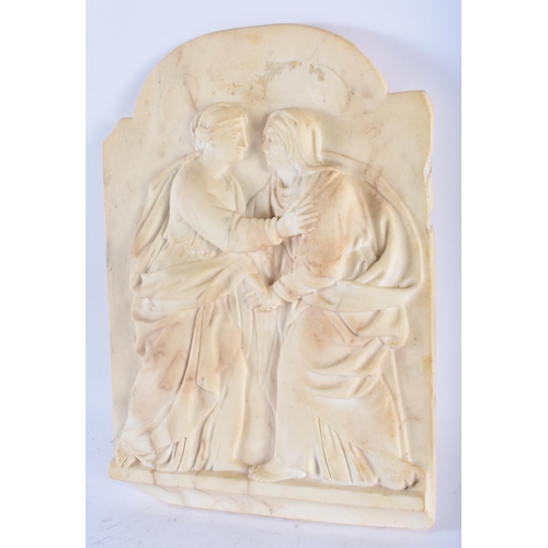 361 - A LARGE 19TH CENTURY CONTINENTAL CARVED MARBLE RELIEF PANEL depicting two figures holding each other... 