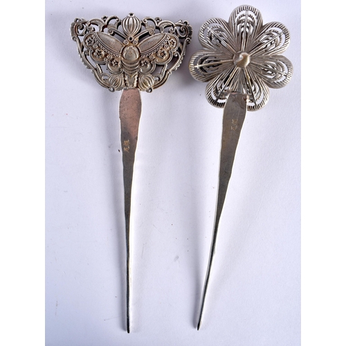 408 - A PAIR OF EARLY 20TH CENTURY CHINESE WHITE METAL HAIR ORNAMENTS probably silver. 124 grams. Largest ... 