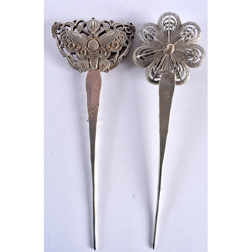 408 - A PAIR OF EARLY 20TH CENTURY CHINESE WHITE METAL HAIR ORNAMENTS probably silver. 124 grams. Largest ... 