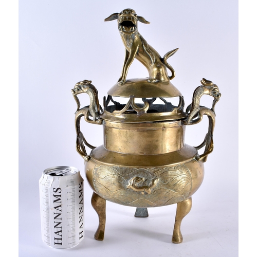 409 - A LARGE 19TH CENTURY CHINESE TWIN HANDLED BRONZE CENSER AND COVER bearing Xuande marks to base, with... 